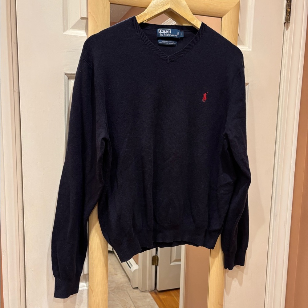 Polo Ralph Lauren Navy Blue Pima Cotton V-Neck Sweater - Size Large